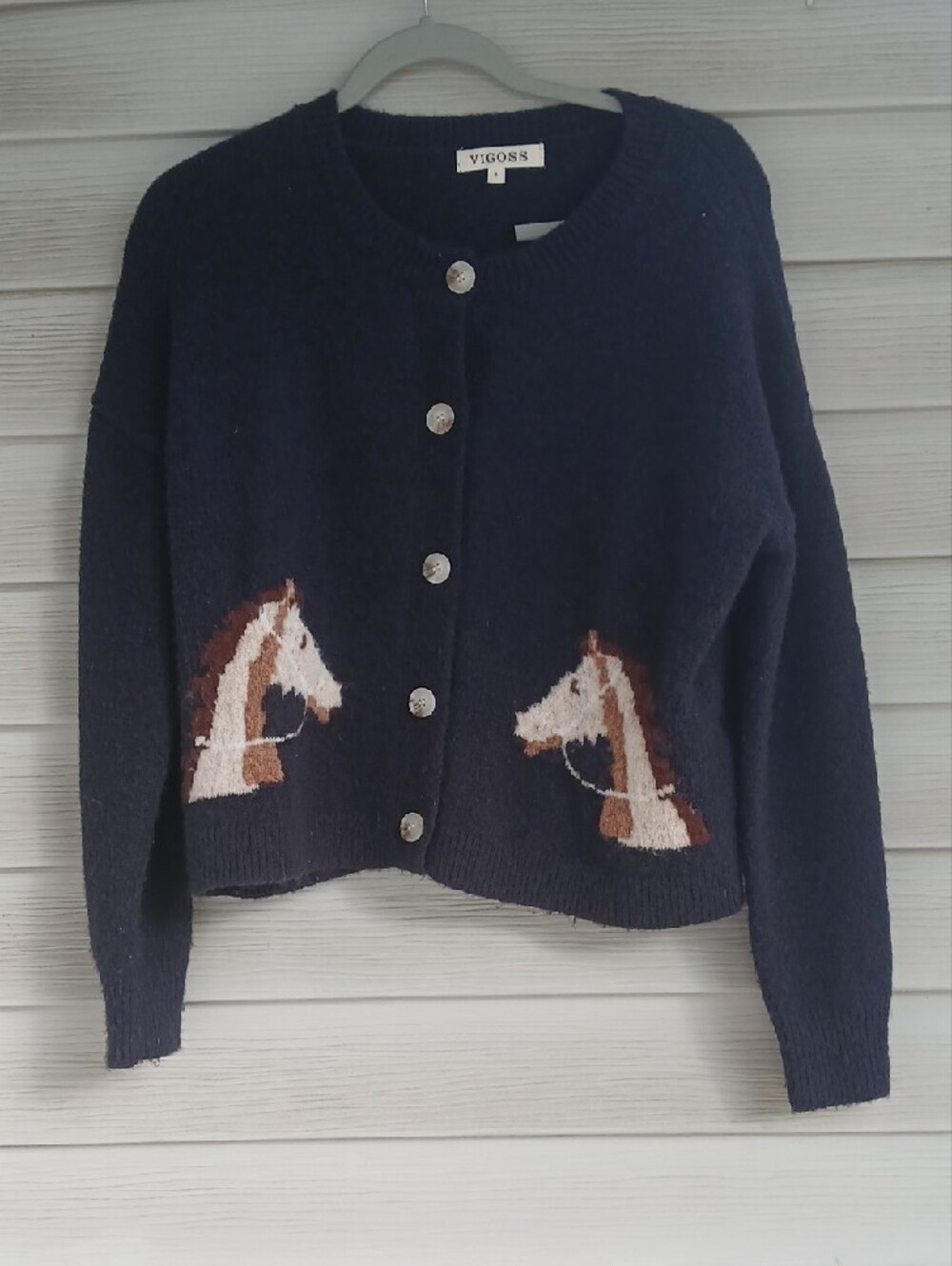 Vigoss Black Cardigan Sweater with Beige Horse Motif - Picture 4 of 5